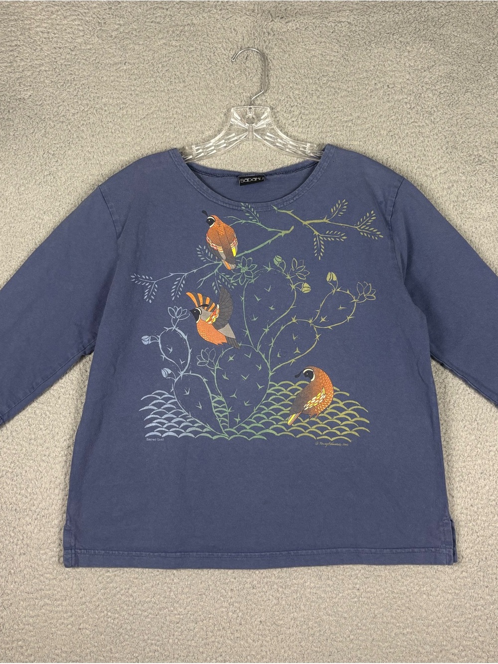 Sabaku Artwear Top Small Purple Blue Quails 3/4 Sleeve Artsy